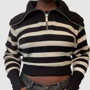Black and White Striped Zip-Up Sweater